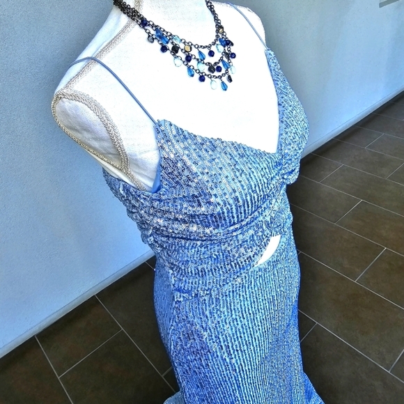 Windsor Blue Sequin Mermaid Maxi Dress–Strapless Sweetheart Formal Gown Cutouts - Picture 7 of 15